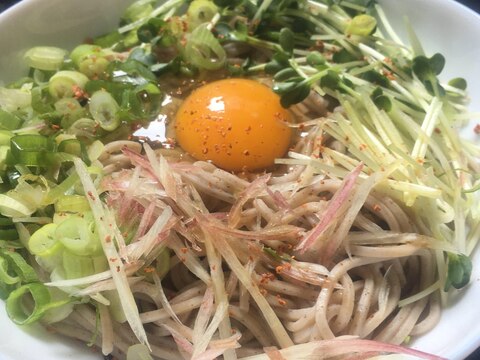 みょうが、かいわれ、九条ネギの月見蕎麦